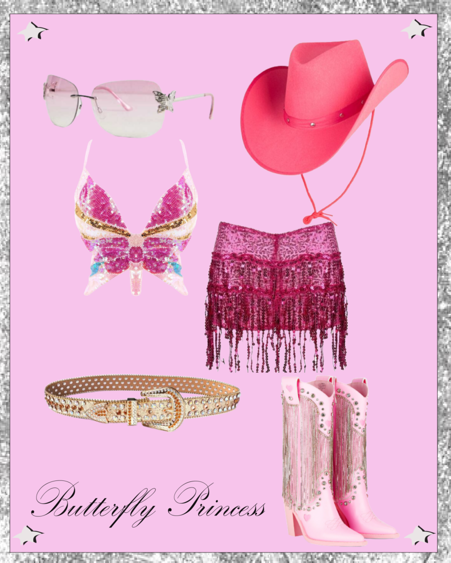 Outfit inspiration for Leeds featuring  pink sparkly butterfly top, cowboy boots, skirt with tassels and cowboy hat 