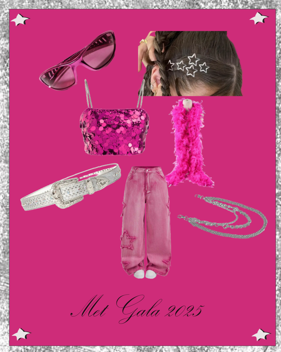 Outfit inspiration for Leeds featuring  pink sequin crop top, cargo pants, silver studded belt, feather scarf and star shaped hair accessories 