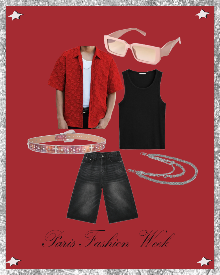 Outfit inspiration for Leeds featuring  short sleeve red lace button up top, black jorts, tank top and baby pink studded belt 