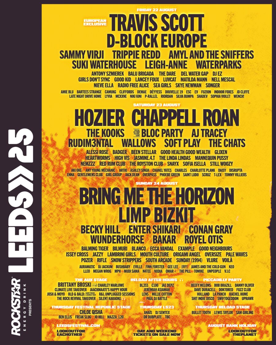 Leeds festival 2025 poster featuring names of artists performing 